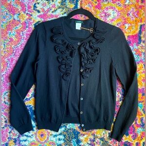 J. Crew Black Ruffle Cardigan Sweater MERINO WOOL MEDIUM
